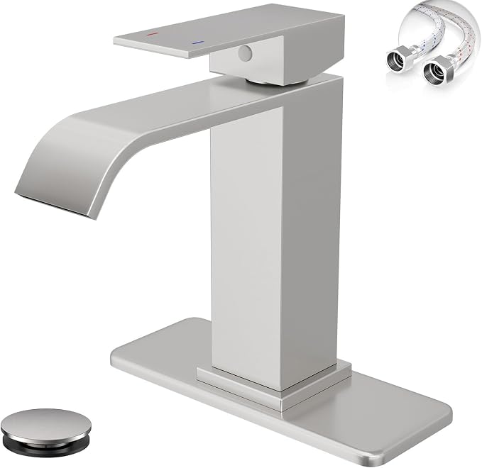 Brushed Nickel Bathroom Faucets Evolvegoods Modern Waterfall Faucet | Single Handle 1 or 3 Hole Bathroom Sink Faucet RV Mixer Tap Vanity Faucet with Deck Plate Pop-up Drain and Supply Lines