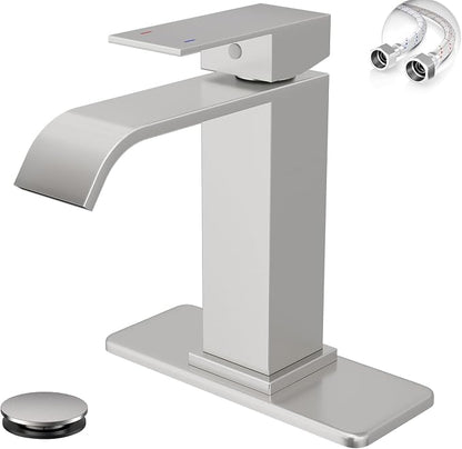 Brushed Nickel Bathroom Faucets Evolvegoods Modern Waterfall Faucet | Single Handle 1 or 3 Hole Bathroom Sink Faucet RV Mixer Tap Vanity Faucet with Deck Plate Pop-up Drain and Supply Lines