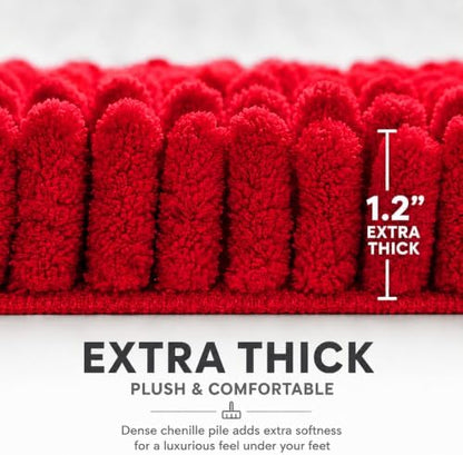 Bathroom Rugs Sets 2 Piece,Super Absorbent Soft,Thick,Machine Washable Chenille Bath Mat,Non Slip Toilet Floor Rug,Bath Mats for Bathroom,20x32 Plus 20x20 U Shape,Red