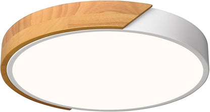Vikaey Modern LED Ceiling Light, Minimalist Wood Style Flush Mount Ceiling Light Fixture, Circle Lighting Lamp with Acrylic Lampshade for Bedroom Living Room Dining Room Laundry (White, 11.8'')