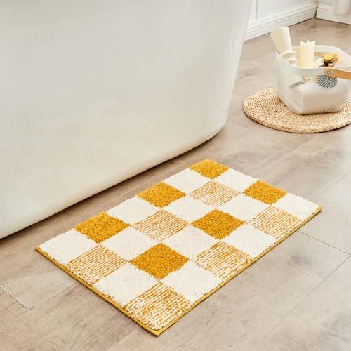 CozeCube Harvest Gold Checkered Bath Mat 24"x16" Non Slip Washable Rug