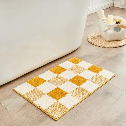 CozeCube Harvest Gold Checkered Bath Mat 24"x16" Non Slip Washable Rug