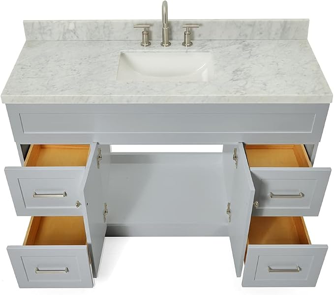 Bradford 54" Grey Single Bathroom Vanity with Sink, 1.5" Italian Carrara Marble Countertop, Rectangular Undermount Sink, 2 Soft Closing Doors, 4 Dovetail Drawers, Brushed Nickel