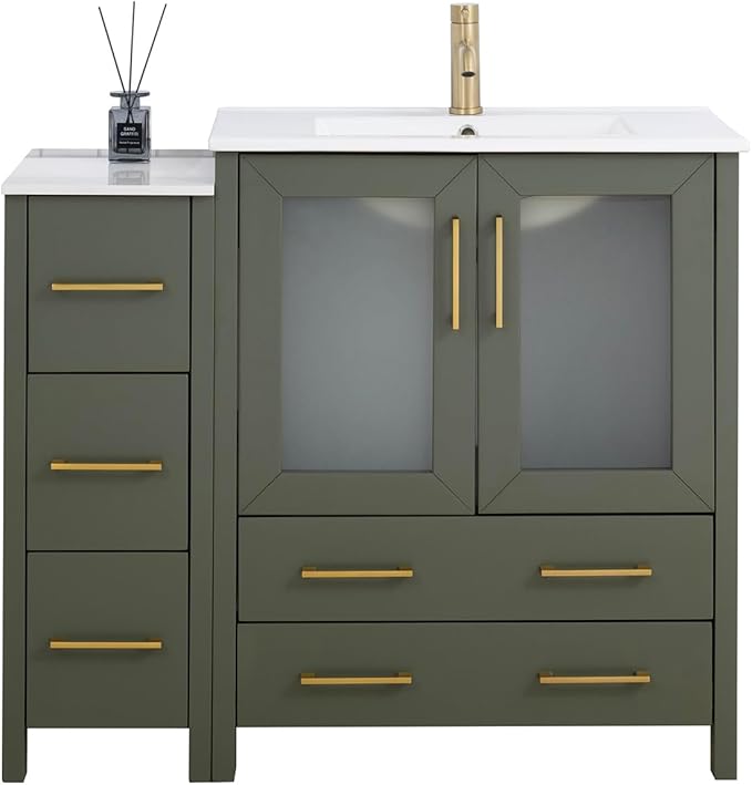 Vanity Art 42 Inch Under Mount Single Sink Bathroom Vanity Cabinet with 1 Mirror, Ceramic Top Bathroom Cabinet Compact Set with 5 Dovetail Storage Drawers, Golden Brushed Handles, VA3030-42-VG