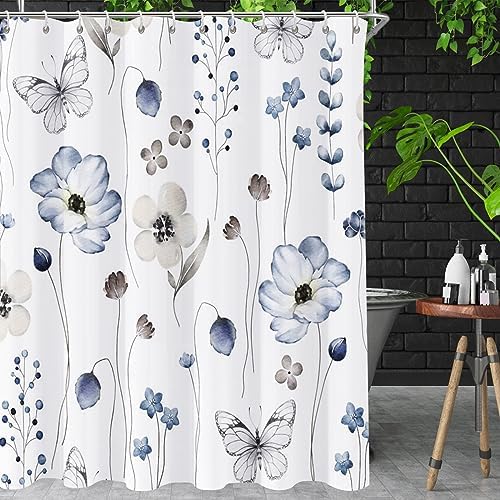 Floral Shower Curtain,Shower Curtains for Bathroom,Blue Flower Shower Curtain Sets Leaf Shower Curtain Plants Blue White Fabric Waterproof Cloth Bathtub Curtains with Hooks 72x72 Inch