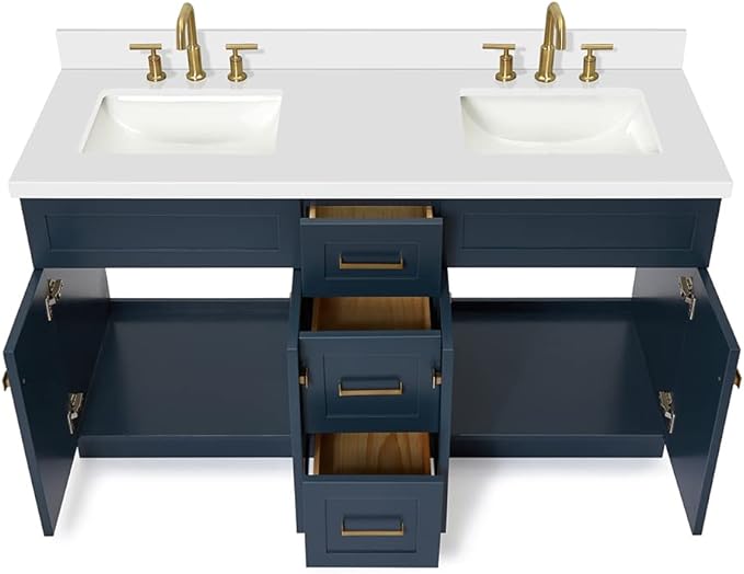 ARIEL Hamlet 60-inch Bathroom Vanity with Sink,Solid Wood, 1.5-inch Pure White Quartz Countertop, Double Rectangular Porcelain Sink, 4 Soft Closing Doors, 3 Dovetail Drawers, Midnight Blue
