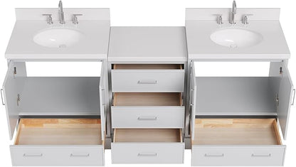 ARIEL Stafford 84-inch Bathroom Vanity with Sink,Solid Wood, 1.5in Pure White Quartz Countertop & Backsplash, Double Oval Porcelain Sink, 4 Soft Closing Doors, 5 Dovetail Drawers, Grey