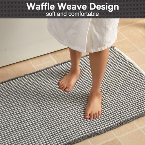 Triohero Waffle Bath Mat, Boho Bathroom Rugs Non Slip, 20x30 Grey & White