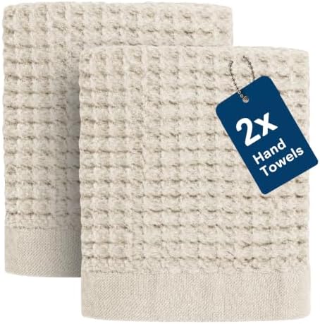 ONSEN Supima® Waffle Hand Towels, Quick Dry Lint Free 100% USA Cotton, Lightweight Absorbent Hand Towel Set, 16x30 in (Oatmeal, Hand Towel 2-Pack)