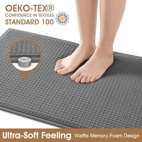 Memory Foam Bath Mat Set 3 Piece, Ultra Soft Absorbent Waffle Bathroom Rugs, Super Non-Slip PVC Backing Bath Rug Quick Dry, Machine Washable Rug for Tub, Shower, Home Decor Accessory, Dark Gray