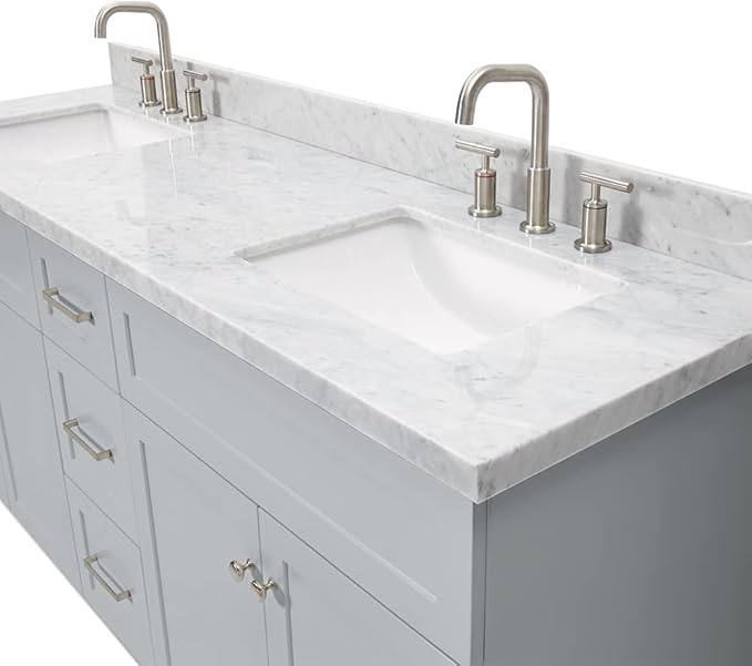 ARIEL Hamlet 72-inch Bathroom Vanity with Sink,Solid Wood, 1.5-inch Italian Carrara Marble Countertop & Backsplash, Double Rectangular Porcelain Sink, 4 Soft Closing Doors, 3 Dovetail Drawers, Grey