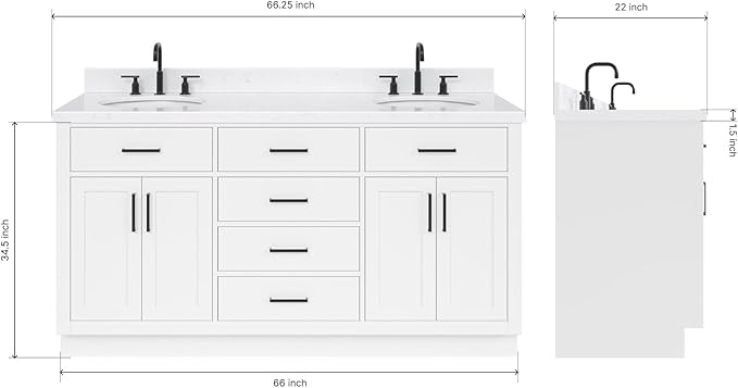 ARIEL Hepburn 66-inch Bathroom Vanity with Sink,Solid Wood, 1.5-inch Carrara White Quartz Countertop & Backsplash, Double Oval Porcelain Sink, 4 Soft Closing Doors, 6 Dovetail Drawers, White