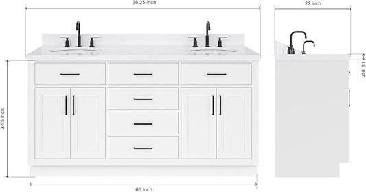 ARIEL Hepburn 66-inch Bathroom Vanity with Sink,Solid Wood, 1.5-inch Carrara White Quartz Countertop & Backsplash, Double Oval Porcelain Sink, 4 Soft Closing Doors, 6 Dovetail Drawers, White