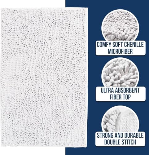 Muddy Mat® | Chenille Bathroom Rugs Quick Dry Microfiber Mats Non Slip Washable, Extra Thick, Soft and Highly Absorbent Bath Mats for Bathroom, Kitchen, and Shower Floor - White 36"x60"