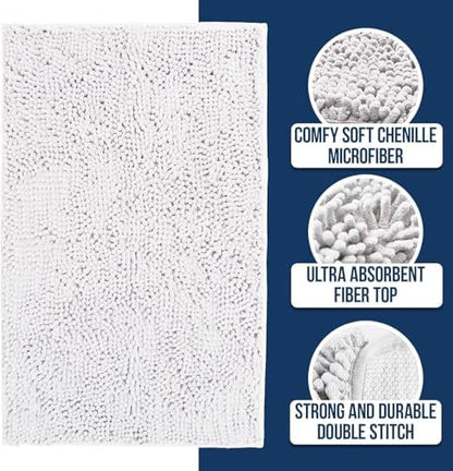 Muddy Mat® | Chenille Bathroom Rugs Quick Dry Microfiber Mats Non Slip Washable, Extra Thick, Soft and Highly Absorbent Bath Mats for Bathroom, Kitchen, and Shower Floor - White 36"x60"