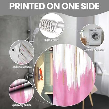 NBVKO 4PCS Pink Oil Painting Style Shower Curtain Set with Non-Slip Rugs,Toilet Lid Cover and Bath Mat,Bathroom Decor Accessory Set