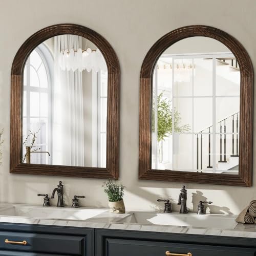 LOSOUR 2 Pack 40x30 Inch Arched Mirror, Farmhouse Decor Solid Wood Wall Mirror, Bathroom Mirrors, Vintage Mirror for Bathroom, Living Room,Bedroom, Entryway, Hallway,Foyer (Coffee, 2 Pack-40"L x 30"W)
