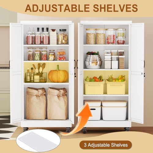 61" Metal Garage Storage Locker Cabinet with Wheels,Rolling White Farmhouse Kitchen Pantry Cabinet with 2 Doors and 3 Adjustable Shelves, Steel File Tool Cabinet for Home Office Warehouse