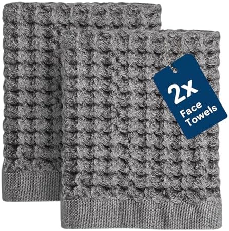 ONSEN Supima® Waffle Face Towels, Quick Dry Lint Free 100% USA Cotton, Lightweight Absorbent Face Towel Set, 12x12 in (Cinder Grey, Face Towel 2-Pack)
