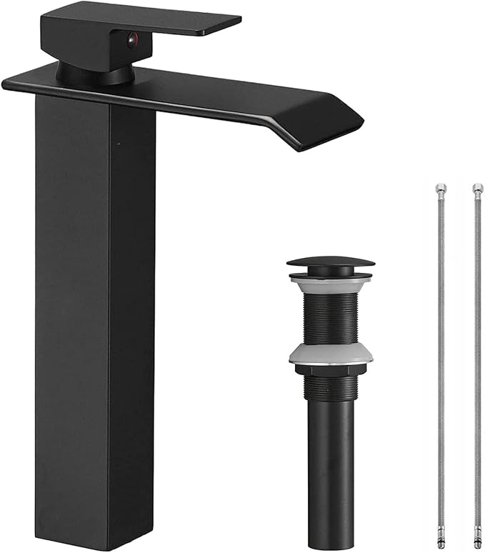 Bathroom Vessel Sink Faucet Black Waterfall One Hole Bowl Sink Faucet Bathroom Faucets Tall Single Handle with Drain Assembly Farmhouse Vanity Lavatory Deck Mount Supply Lines Hose