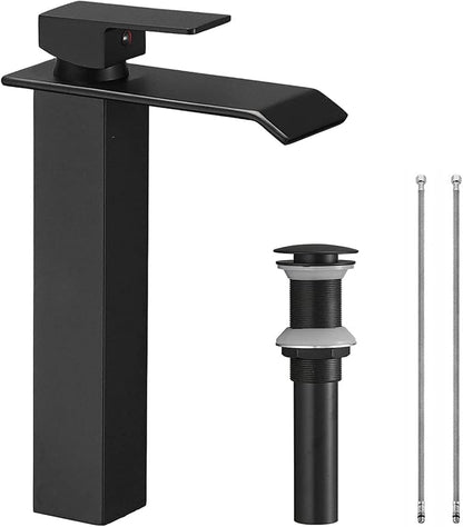 Bathroom Vessel Sink Faucet Black Waterfall One Hole Bowl Sink Faucet Bathroom Faucets Tall Single Handle with Drain Assembly Farmhouse Vanity Lavatory Deck Mount Supply Lines Hose