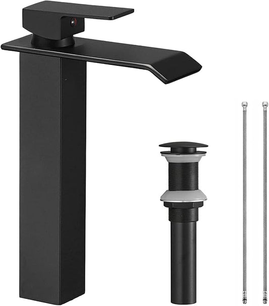 Bathroom Vessel Sink Faucet Black Waterfall One Hole Bowl Sink Faucet Bathroom Faucets Tall Single Handle with Drain Assembly Farmhouse Vanity Lavatory Deck Mount Supply Lines Hose