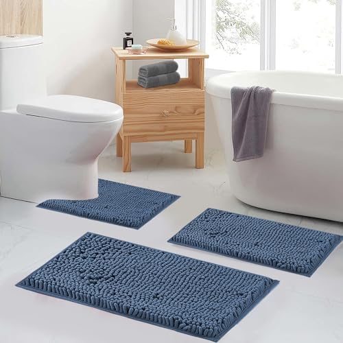 Blue Bathroom Rugs Chenille Bath Mats Set 2 Piece Extra Soft and Absorbent Shaggy Rugs, Machine Wash and Dry, Perfect Plush Bath Mats for Tub, Shower, Bathroom Decor, Washable Carpets Set