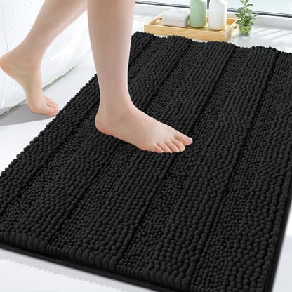 Grandaily Chenille Striped Bathroom Rugs 30x20, Extra Thick and Soft Absorbent Bath Mats, Rubber Backing, Plush Shaggy Shower Carpet, Machine Wash Dry, Bath Rug for Bathroom, Deep Black