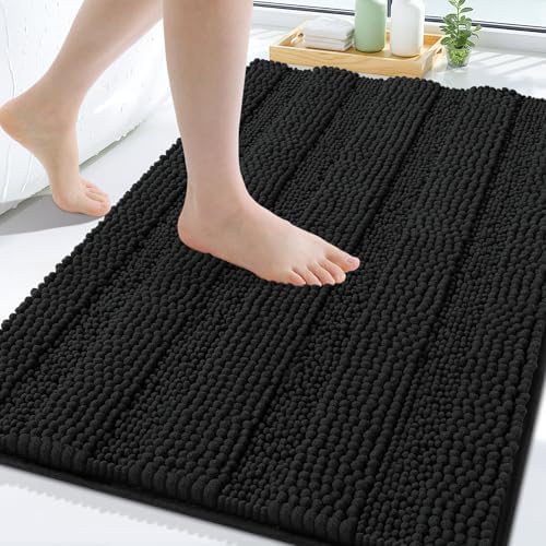 Grandaily Chenille Striped Bathroom Rugs 59x35, Extra Thick and Soft Absorbent Bath Mats, Rubber Backing, Plush Shaggy Shower Carpet, Machine Wash Dry, Bath Rug for Bathroom, Deep Black