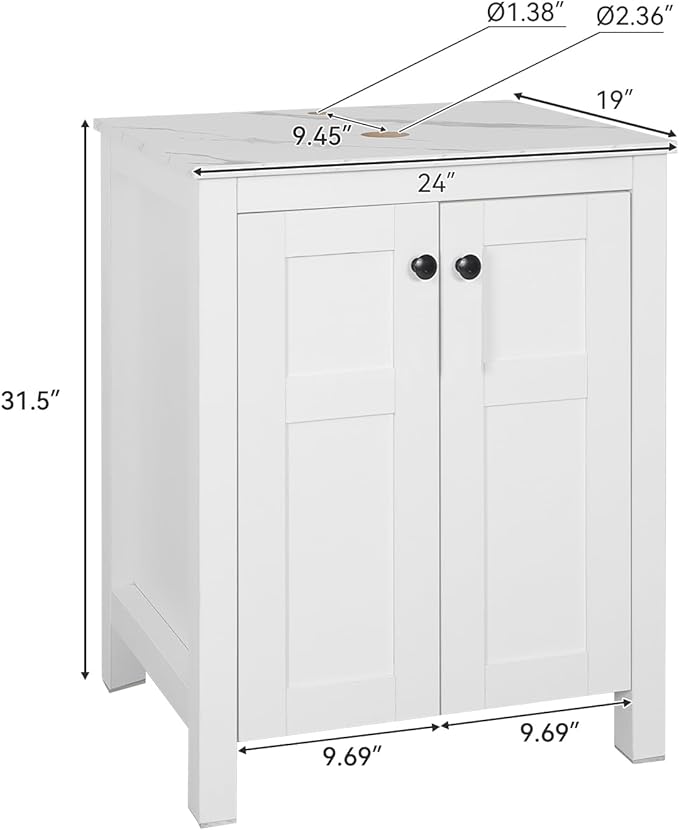 24 Inch White Bathroom Vanity with Marble Texture Top, Traditional Standing Pedestal Cabinet with Black Ceramic Sink