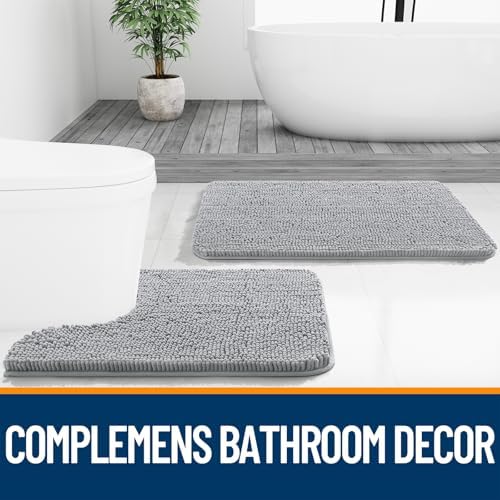 OLANLY Chenille Bathroom Rugs Mats Set 2 Piece, 24"x16"+24"x20", Light Grey