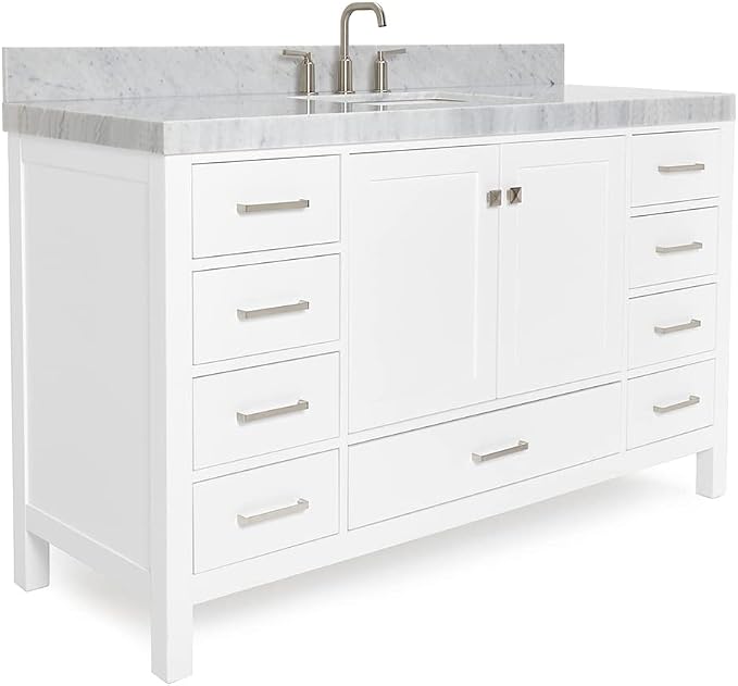 ARIEL Cambridge 60-inch Bathroom Vanity with Sink,Solid Wood, 2-inch Italian Carrara Marble Countertop, Single Rectangular Porcelain Sink, 2 Soft Closing Doors, 9 Dovetail Drawers, White