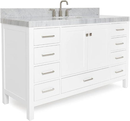 ARIEL Cambridge 60-inch Bathroom Vanity with Sink,Solid Wood, 2-inch Italian Carrara Marble Countertop, Single Rectangular Porcelain Sink, 2 Soft Closing Doors, 9 Dovetail Drawers, White