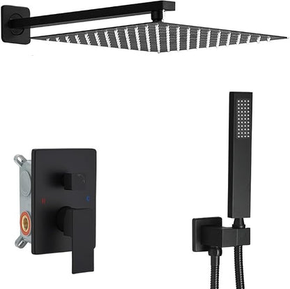Matte Black Shower System 10 Inches Bathroom Luxury Rain Shower Head with Handheld Combo Set Wall Mounted High Pressure Rainfall Shower Head System Shower Faucet with Valve and Trim Kit