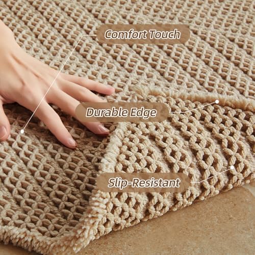 Sunfly Waffle Bath Mat, Boho Bath Rugs for Bathroom Floor Super Absorbent & Quick Dry, Non-Slip Washable Bath Mat with Tassels, Ultra Soft Farmhouse Bathroom Decor 24"*48" Beige