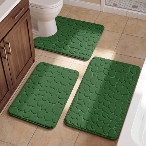 YIHOUSE Bathroom Rugs Mat Set, Memory Foam Bath Mat 3 Piece Green