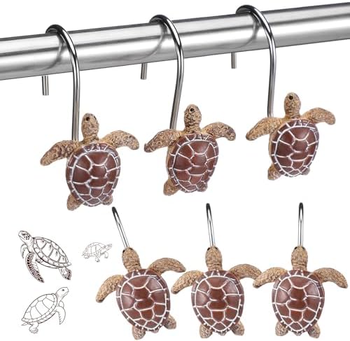 Amyhill 12 Pcs Shower Curtain Hooks Decorative Shower Curtain Rings Stainless Steel Resin Sea Theme Bathroom Decor Suitable for Home Bedroom(Sea Turtle)
