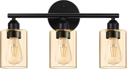 3-Light Bathroom Vanity Light Fixture, Modern Wall Lamp for Mirror with Clear Amber Glass Shade and Black Finish