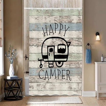Happy Campers Shower Curtain Retro Rustic Wood Neutral Color For Travel Trailer Camping Motor RV Bathroom Stall Shower Curtain Set, Small Size Waterproof Fabric Shower Cutain, Hooks Include 47x72