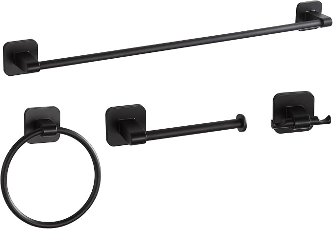 Matte Black Bathroom Accessories Set, 4 Pieces Bathroom Hardware Set, 24 inch Towel Bar, Towel Racks, Robe Towel Hooks, Toilet Paper Holder Wall Mounted Or Self-Adhesive,Stainless Steel and Plastic