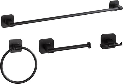 Matte Black Bathroom Accessories Set, 4 Pieces Bathroom Hardware Set, 24 inch Towel Bar, Towel Racks, Robe Towel Hooks, Toilet Paper Holder Wall Mounted Or Self-Adhesive,Stainless Steel and Plastic