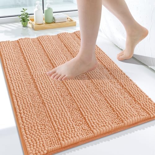 Grandaily Chenille Striped Bathroom Rugs 24x16, Extra Thick and Soft Absorbent Bath Mats, Rubber Backing, Plush Shaggy Shower Carpet, Machine Wash Dry, Bath Rug for Bathroom, Peach