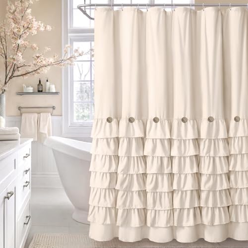 Ruffle Farmhouse Shower Curtain, Cream Vintage Shower Curtains for Bathroom Fabric Cute Rustic Cloth, 72" W X 78" L Inch