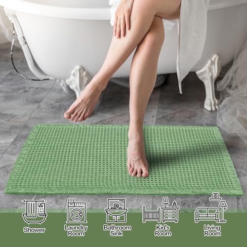 ZALL Sage Green Waffle Bath Mat,Super Absorbent Non Slip Bathroom Rug, 17x24inch, Machine Washable Ultra Soft Floor Mats