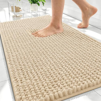 OLANLY Thick Chenille Bathroom Rugs 34x21, Soft Absorbent Bath Mat, Beige