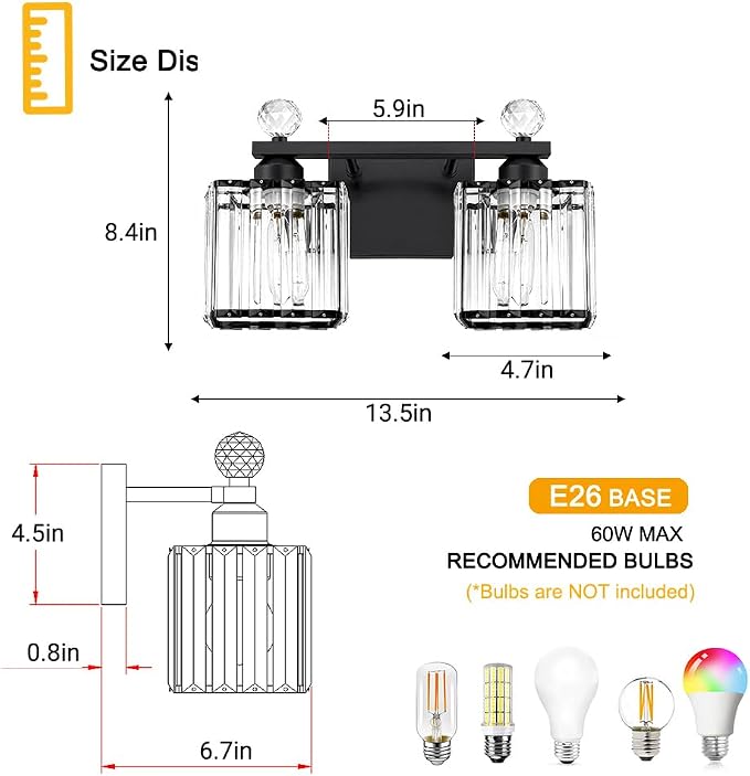 Lxybcce Modern 14In 2-Lights Bathroom Vanity Light, Crystal Bathroom Light Fixtures, Black Vanity Light Fixtures Over Mirror, Easy Installation & Shadow-Free Illumination for Bathroom Mirror Decor