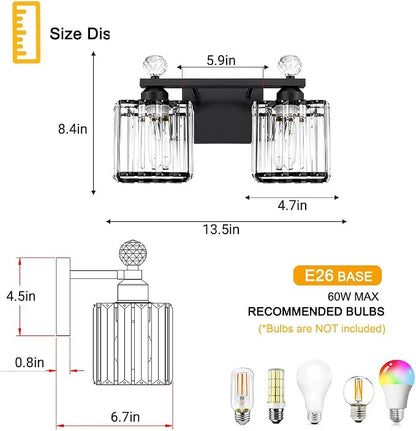Lxybcce Modern 14In 2-Lights Bathroom Vanity Light, Crystal Bathroom Light Fixtures, Black Vanity Light Fixtures Over Mirror, Easy Installation & Shadow-Free Illumination for Bathroom Mirror Decor