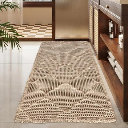 ZALL Tan Waffle Bath Mat,Super Absorbent Non Slip Bathroom Rug,Brown 24x48inch, Geometric Diamond Machine Washable Ultra Soft Floor Mats