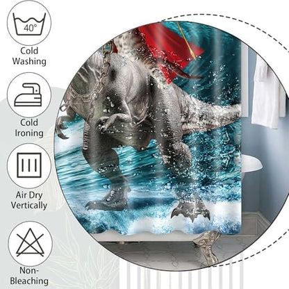 JAWO Camper Shower Curtain, Cool Cat Dinosaur Japanese Ocean Wave Rv Shower Curtains, Cat Riding Dinosaur Fun Nautical Bath Curtain for Kids Children, 47X64inch, Blue