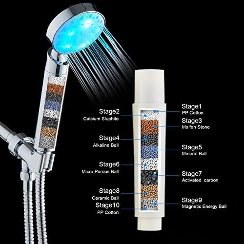 KAIREY Filtered Led Shower Head for Hard Water 7 Color Light Change Automatically Handheld Showerhead Polished Chrome with 60 Inches Stainless Steel Hose and Adjustable Bracket Filter Shower Head